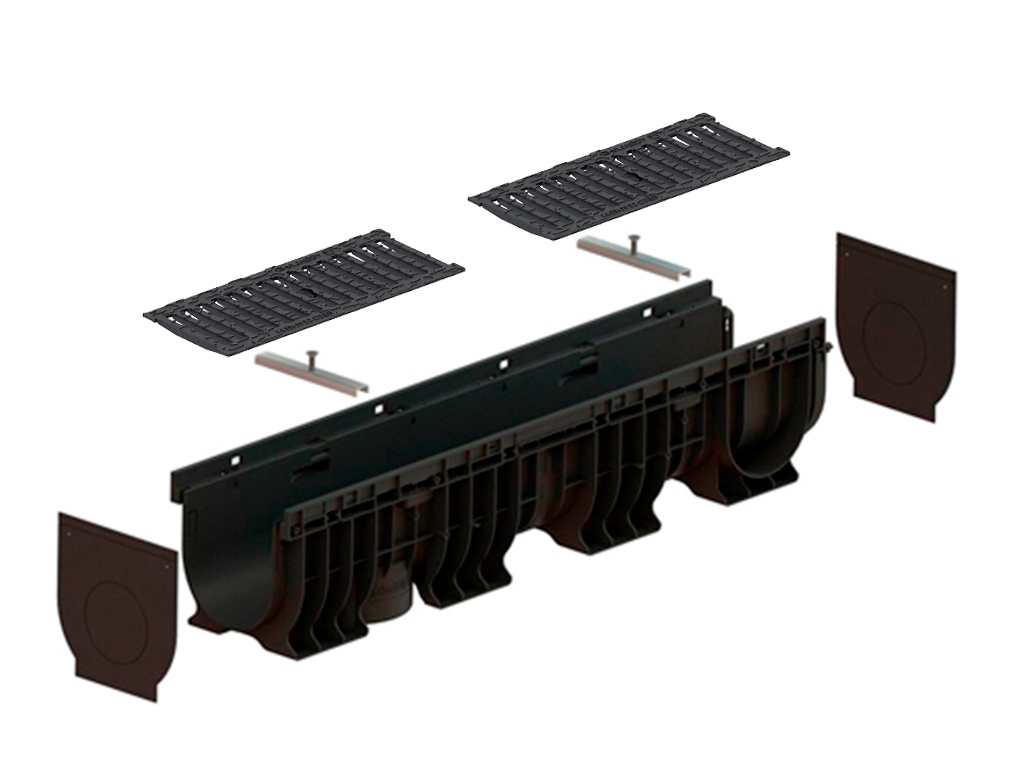 Rigolă din plastic BASE DN150 H200 cu grătare din fontă ductilă în fante clasa de sarcini C250 (1000x206xH200mm)